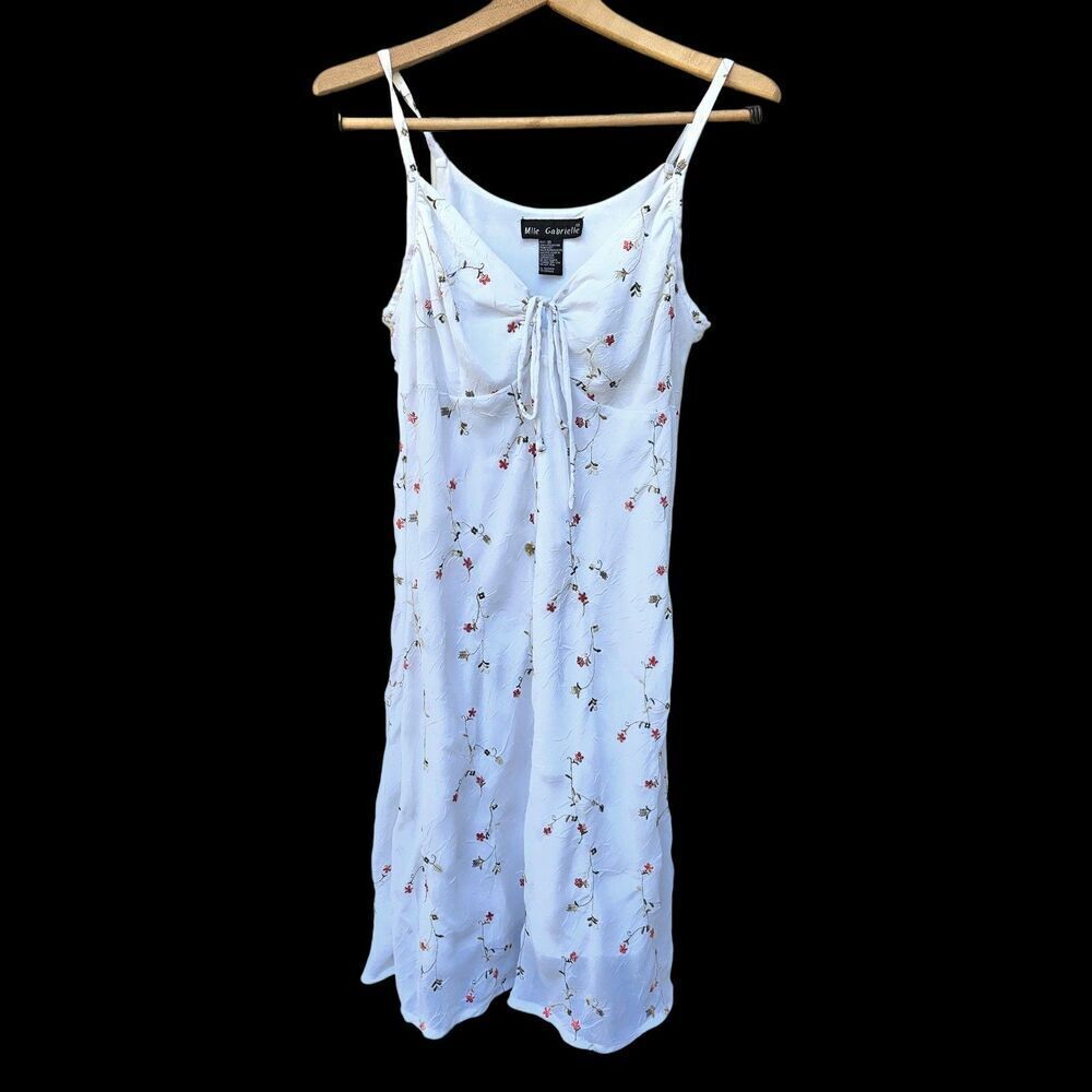 Vtg Y2K Mlle Gabrielle Floral Embroidered White Slip Dress Babydoll Size 10